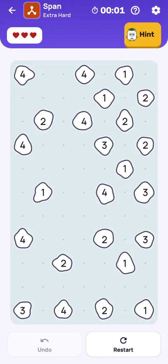 Span: the hint teaching One Short on a real board. An island whose spans could give it just one more than its number: every span with room for 2 gets at least one bridge.