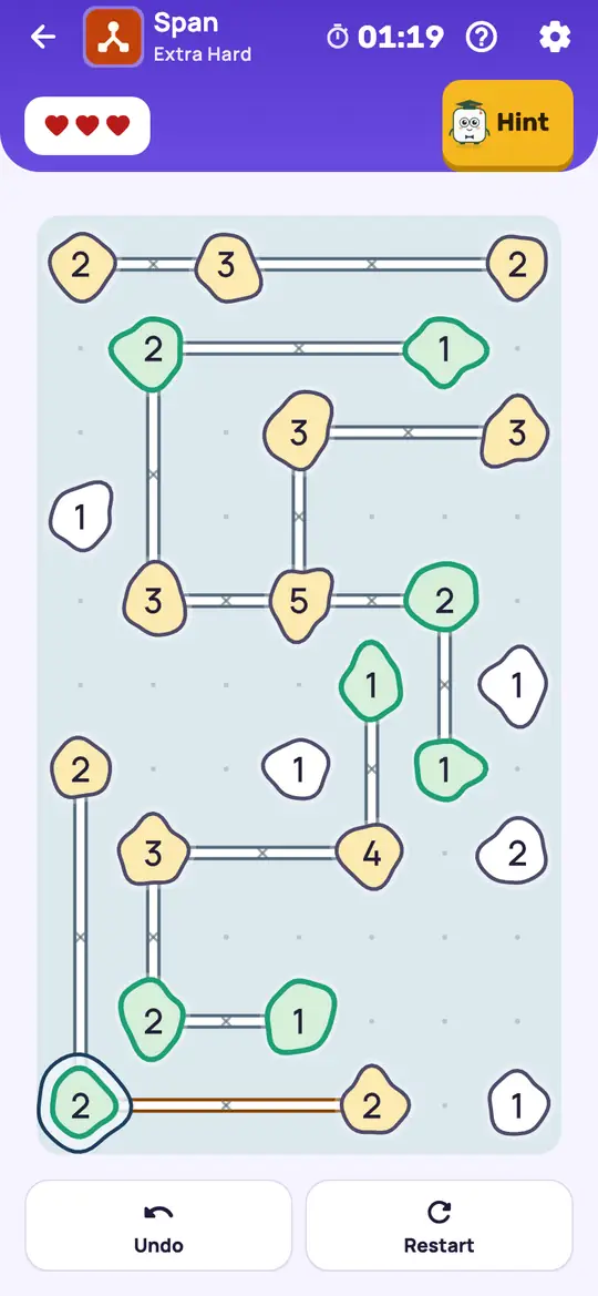 Span: the hint teaching One Step Ahead on a real board. Suppose a span stays as it is, follow what the numbers force, and see whether some island runs short.