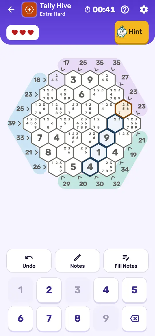 Tally Hive: the hint teaching Line Maximums on a real board. The other empty cells of a line take at most 9 + 8 + …, which sets how small each cell can be.