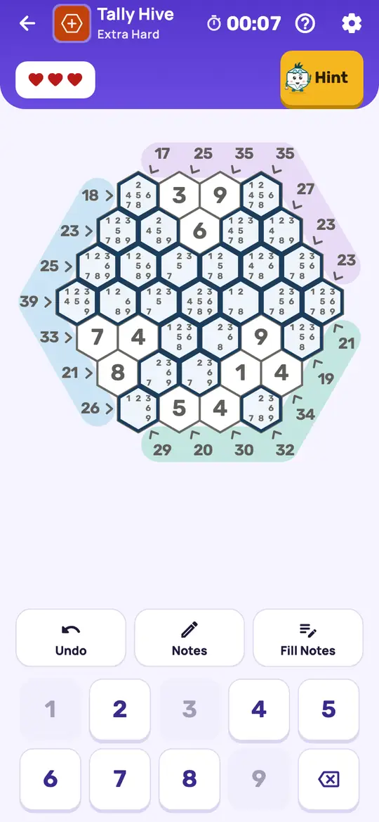 Tally Hive: the hint teaching Line Minimums on a real board. The other empty cells of a line take at least 1 + 2 + …, which caps how big each cell can be.