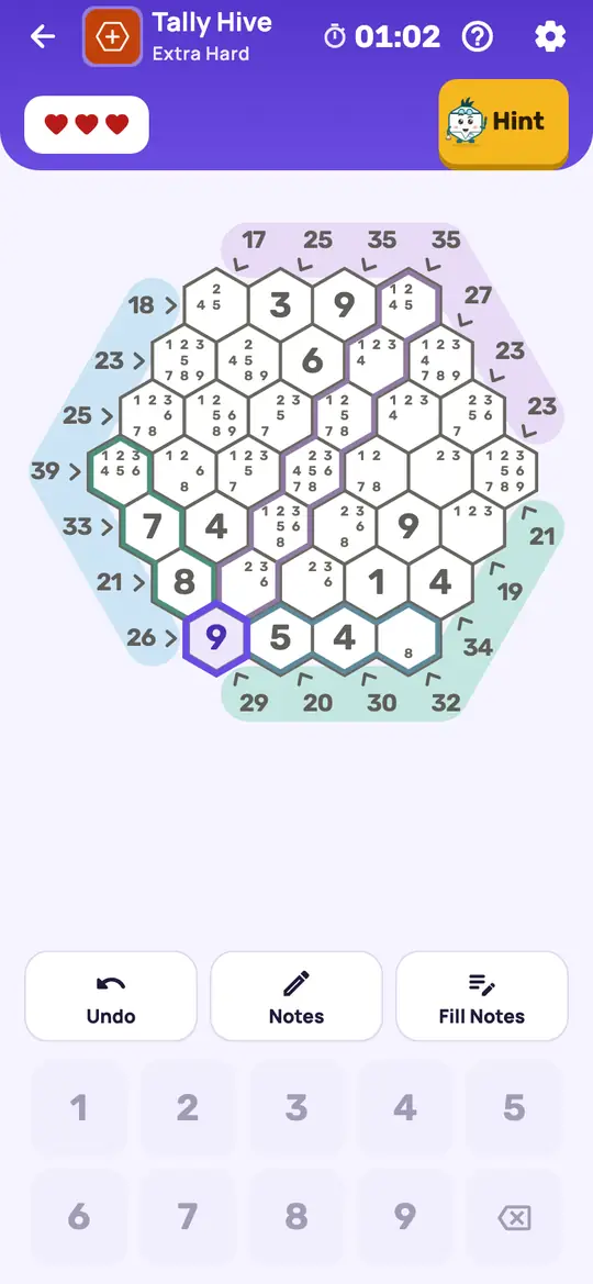 Tally Hive: the hint teaching Line Total on a real board. A line with one empty cell left: its total minus the digits already in it is that cell's digit.
