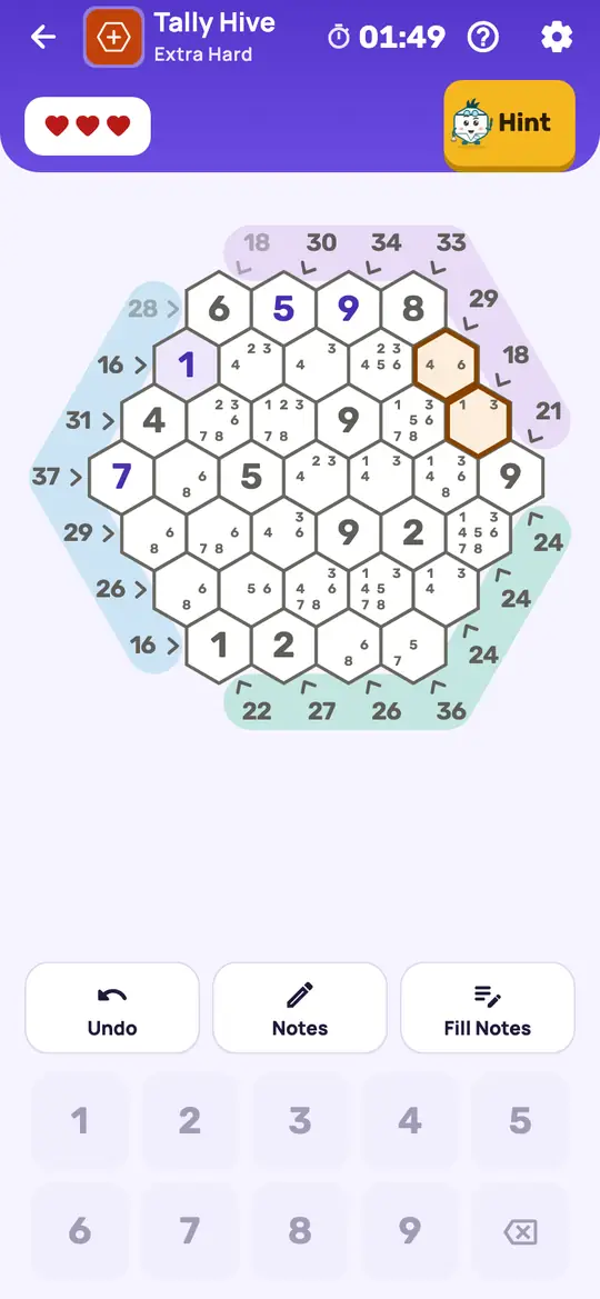 Tally Hive: the hint teaching Naked Pair on a real board. Two cells on one line with the same two notes and nothing else.