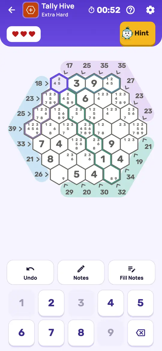 Tally Hive: the hint teaching Naked Single on a real board. A cell where only one digit is not already used on its three lines, or with one note left.