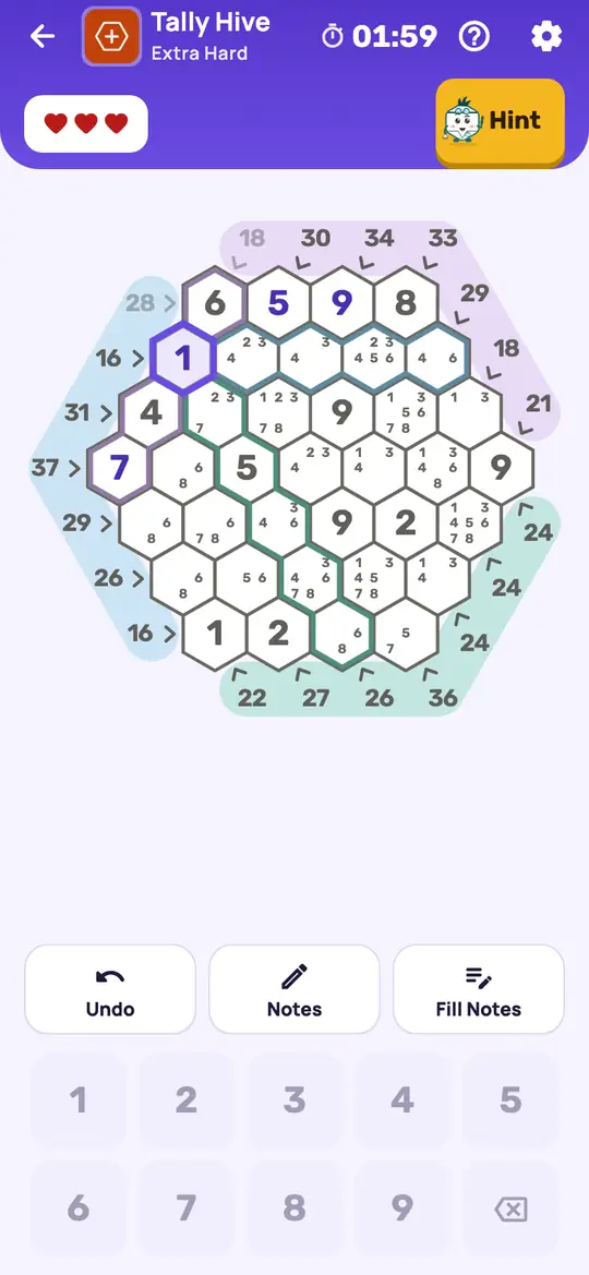 Tally Hive: the hint teaching Sum Combinations on a real board. List every way a line's empty cells could still make its total, and drop any note that fits none of them.