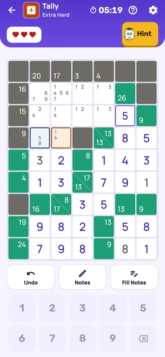 Tally: the hint teaching Naked Pair on a real board. Two squares in one run with the same two notes and nothing else.
