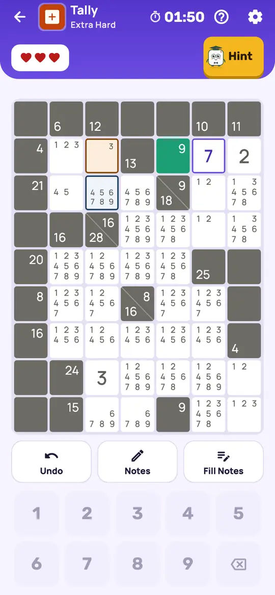 Tally: the hint teaching Naked Single on a real board. A square where only one digit is not already used in its two runs, or with one note left.