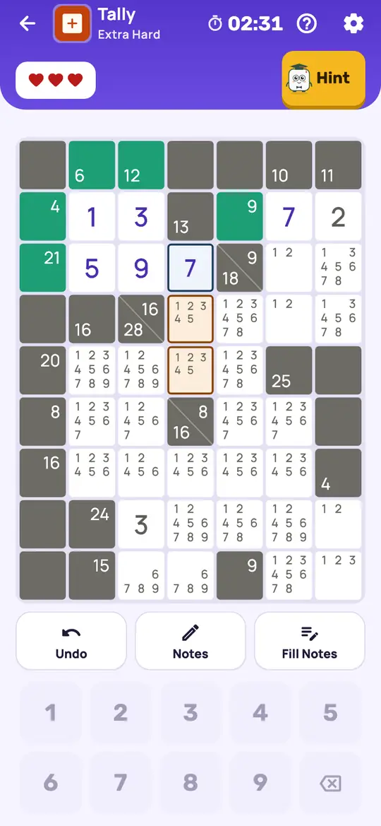 Tally: the hint teaching Partner Check on a real board. In a run with two empty squares, each note needs a partner that is still pencilled in the other square.