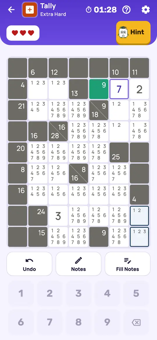 Tally: the hint teaching Run Maximums on a real board. The other empty squares of a run take at most 9 + 8 + …, which sets how small each square can be.