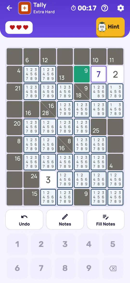 Tally: the hint teaching Run Minimums on a real board. The other empty squares of a run take at least 1 + 2 + …, which caps how big each square can be.