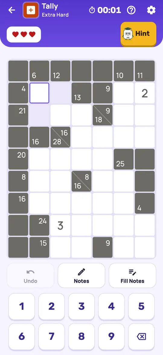 Tally: the hint teaching Run Total on a real board. A run with one empty square left: its total minus the digits already in it is that square's digit.