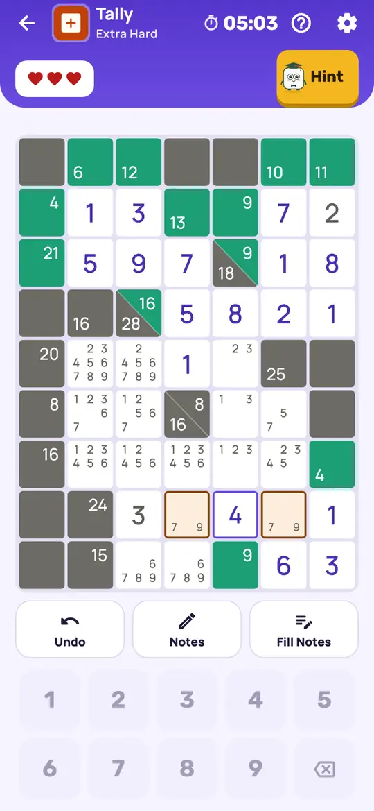 Tally: the hint teaching Sum Combinations on a real board. List every way a run's empty squares could still make its total, and drop any note that fits none of them.