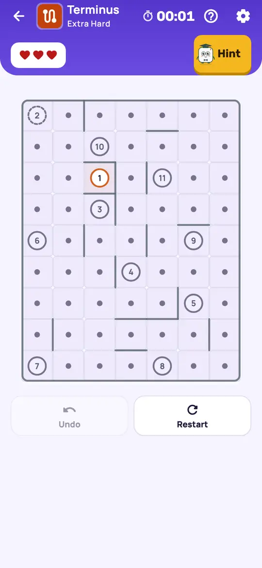 Terminus: the hint teaching Only Way Out on a real board. Every district beside the end of the line but one is already served, closed off, off the map, or a station whose turn has not come.